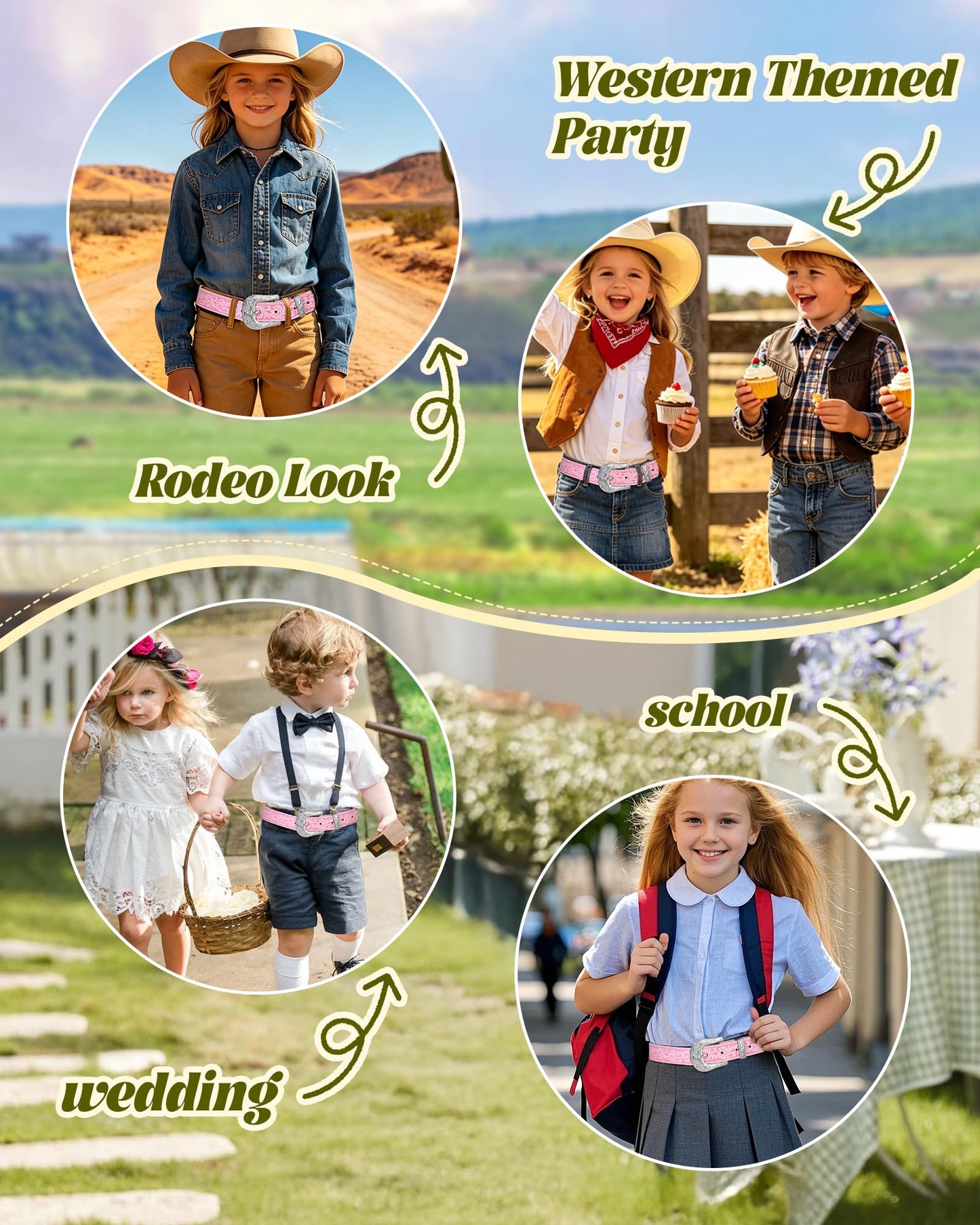Kajeer Kids Western Belt for Boy,Cowboy Leather Belt Vintage Engraved Embossed Buckle Western Belts for Jeans Gifts
