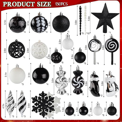 Shatterproof Christmas Ball Ornaments Set, 130 Pack Christmas Tree Decorations, Assorted Hanging Christmas Balls Bulk for Holiday Indoor Outdoor Xmas Party Decor (130 Black)