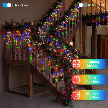 66 FT LED Christmas Lights with 140 Drops, 490 LED Indoor Outdoor Christmas Decorations, 8 Lighting Mode Waterproof Fairy Lights with Timer for Xmas Holiday Wedding Yard Party Multicolor