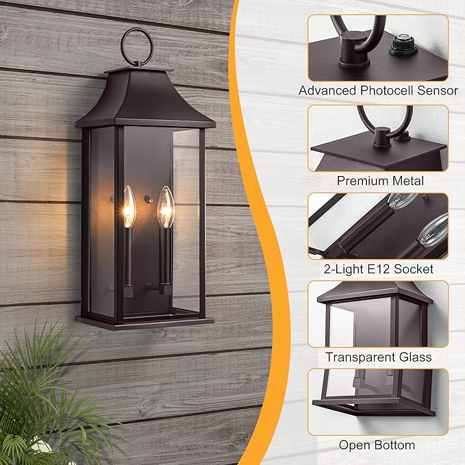 Dusk to Dawn Outdoor Wall Sconces 2-Light, 20.6" Large Outside Wall Sconce, Bronze Wall Light Fixture with Glass, Waterproof Exterior Lamp for House, Porch, Garage