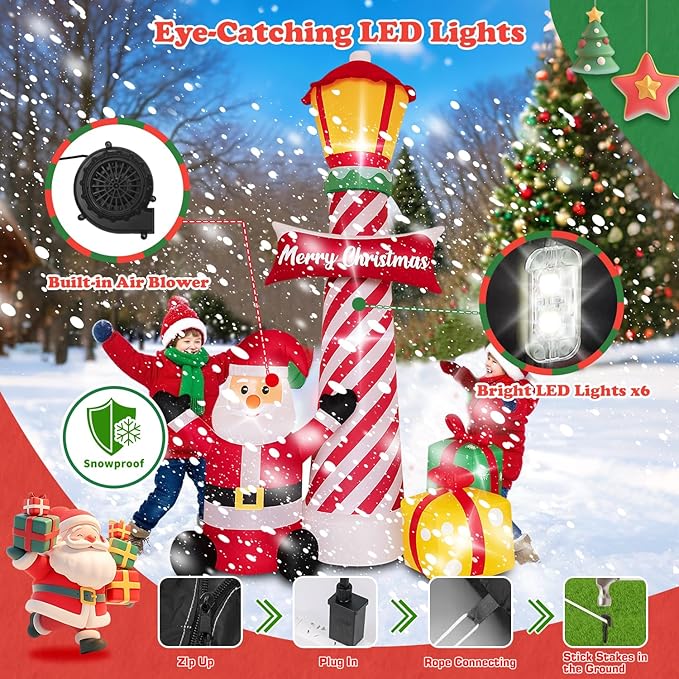 8Ft Christmas Decorations Outdoor Inflatables Giant Santa Claus Stands Under The Lighthouse with Gift Box, Blow Up Built-in LED Lights for Party Outdoor Garden Indoor Yard Lawn