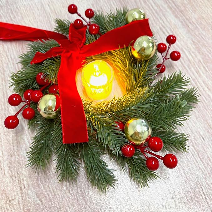 4PCS 9''Mini Wreaths for Cabinets with Ribbon Bows Red Berry Gold Ball, Small Wreath Hanging for Xmas Wall Farmhouse Window Door