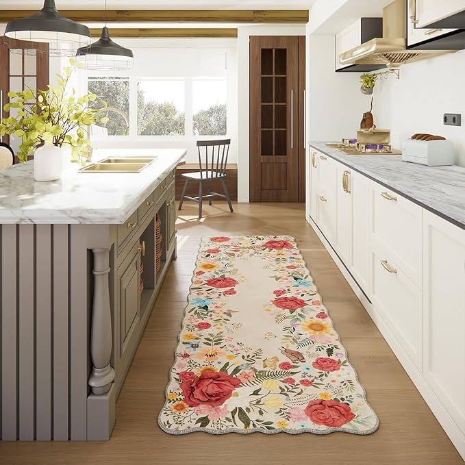 Kitchen Rug Runners for Hallways: 2'6''x8' Washable Runner Rugs for Kitchen Ultra Thin Stain Resistant Non Slip Low Pile Lightweight Vintage Floral Carpet for Laundry Room Decor (Beige)