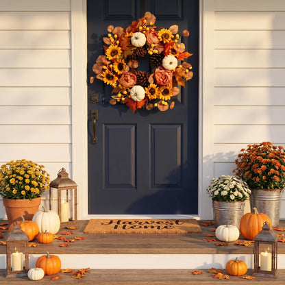 Artificial Fall Autumn Wreath 22 in with Sunflower,Peony,Pumpkin, Eucalyptus Leaf for Front Door Thanksgiving Wreaths Wall Window Harvest Festival Celebration