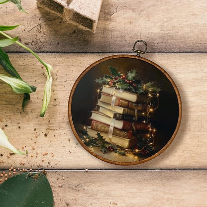 KSDUT Vintage Christmas Wall Decor Art - Retro Book Christmas Wall Art Canvas Frame Hanging Prints, Merry Xmas Holiday Round Wall Art Decor for Home Farmhouse Decorations 10"x10"