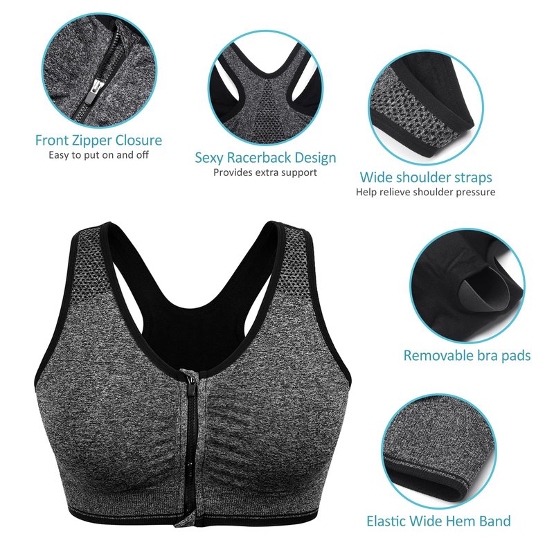 Women's Zip Front Sports Bra Wireless Post-Surgery Bra Zipper Closure Bras Padded Surgical Bra Racerback Workout Bras Active Yoga Sports Bras Plus Size (XX-Large, 3 Pack(Black+Grey+Bean Paste))