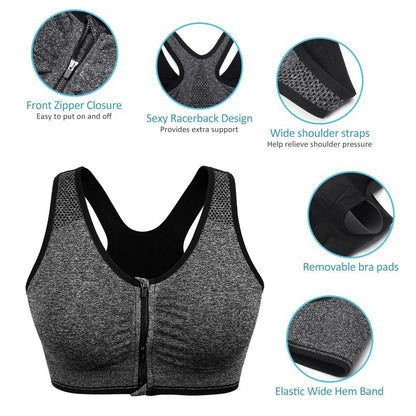 Women's Zip Front Sports Bra Wireless Post-Surgery Bra Surgical Bra Racerback Sports Bras Post Mastectomy Bra Workout Running Active Fitness Bras 3 Pack (Large, 3 Pack(Black+Grey+Light Purple))