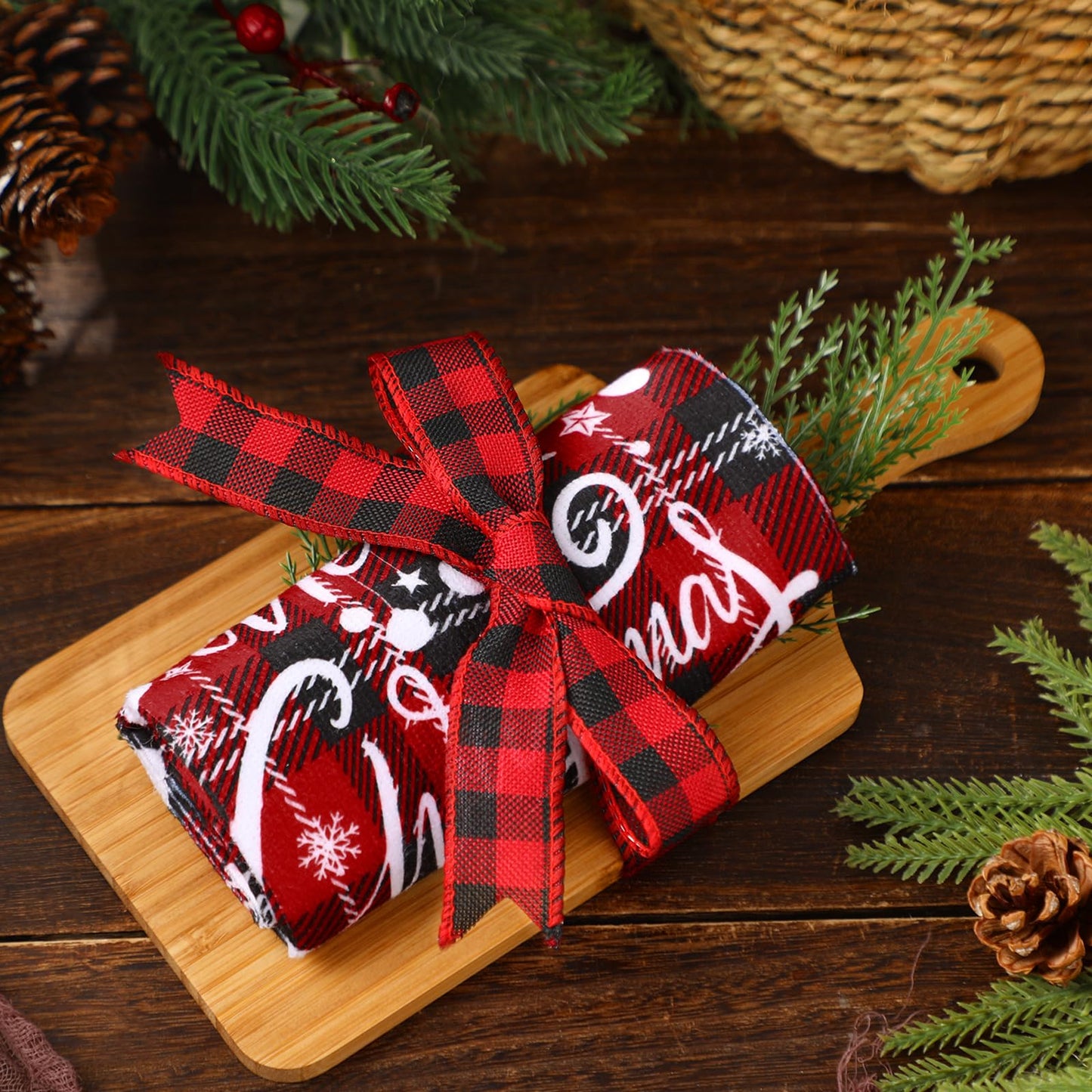 Hahafelt 6 Set Christmas Charcuterie Board Set Xmas Kitchen Gift for Housewarming Gifts New Home Square Wooden Cutting Cheese Board Chopping Serving Tray with Towel Pine Leaf Decoration Holiday Gift