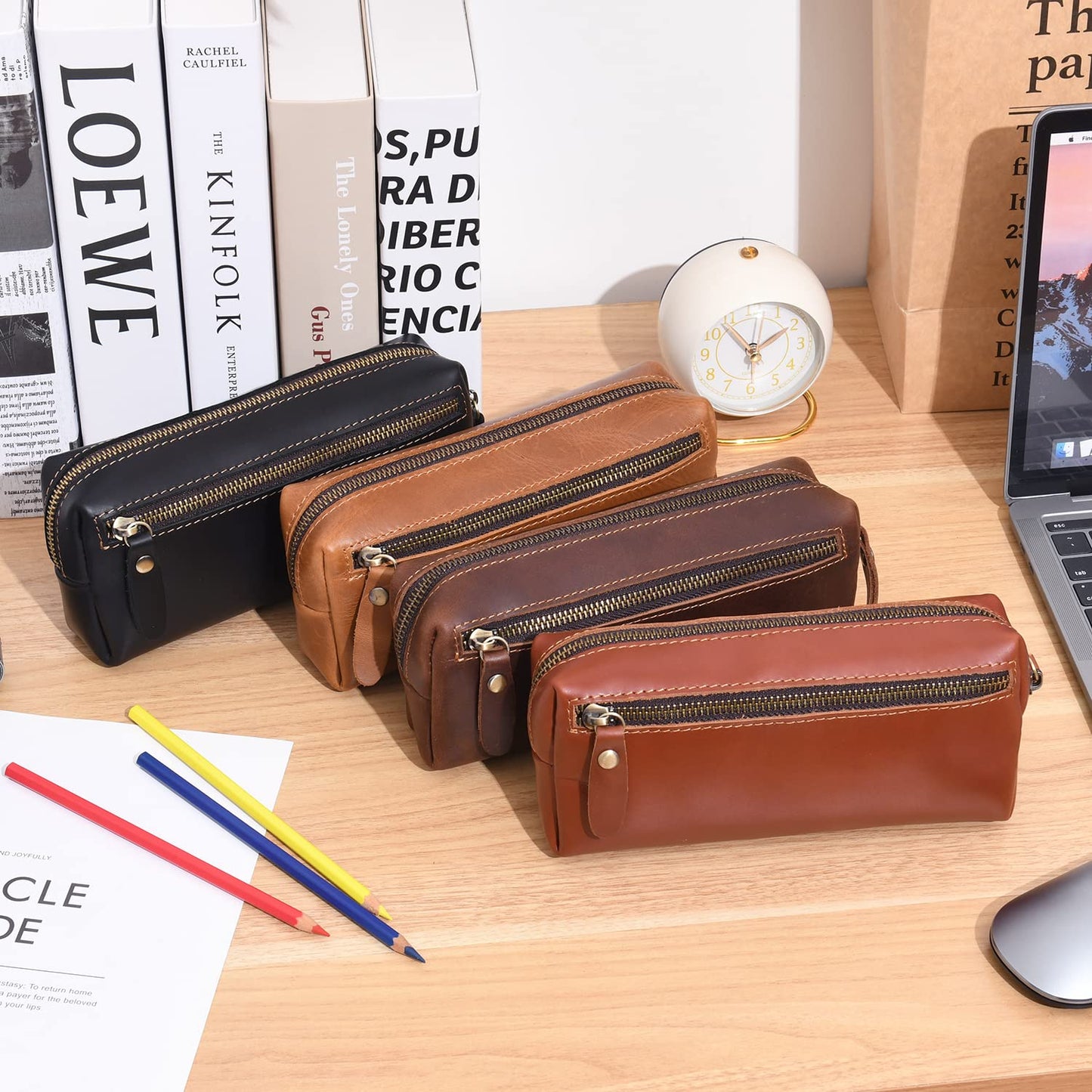 WONDERPOOL Pen Case Real Leather Pencil Pouch Markers Holder Big Capacity Bag with Side Zippered Pocket Sleeve for Stationery Makeup Utensils Organizer (Light brown)