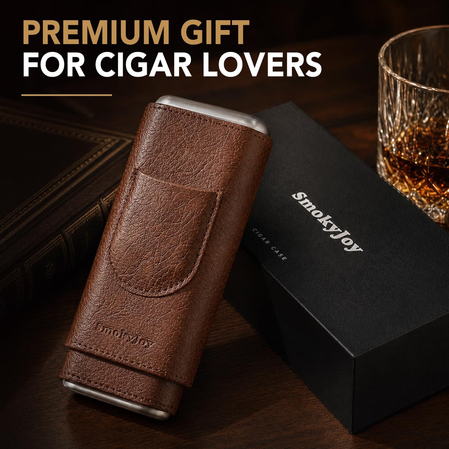 SmokyJoy Luxury Leather Cigar Travel Case Gift Set, Cedar Wood Lined Portable Humidor with V-Cut, Guillotine & Punch Cutter Tools, Premium Cigar Holder Accessory Gift Box for Cigar Enthusiasts, Brown