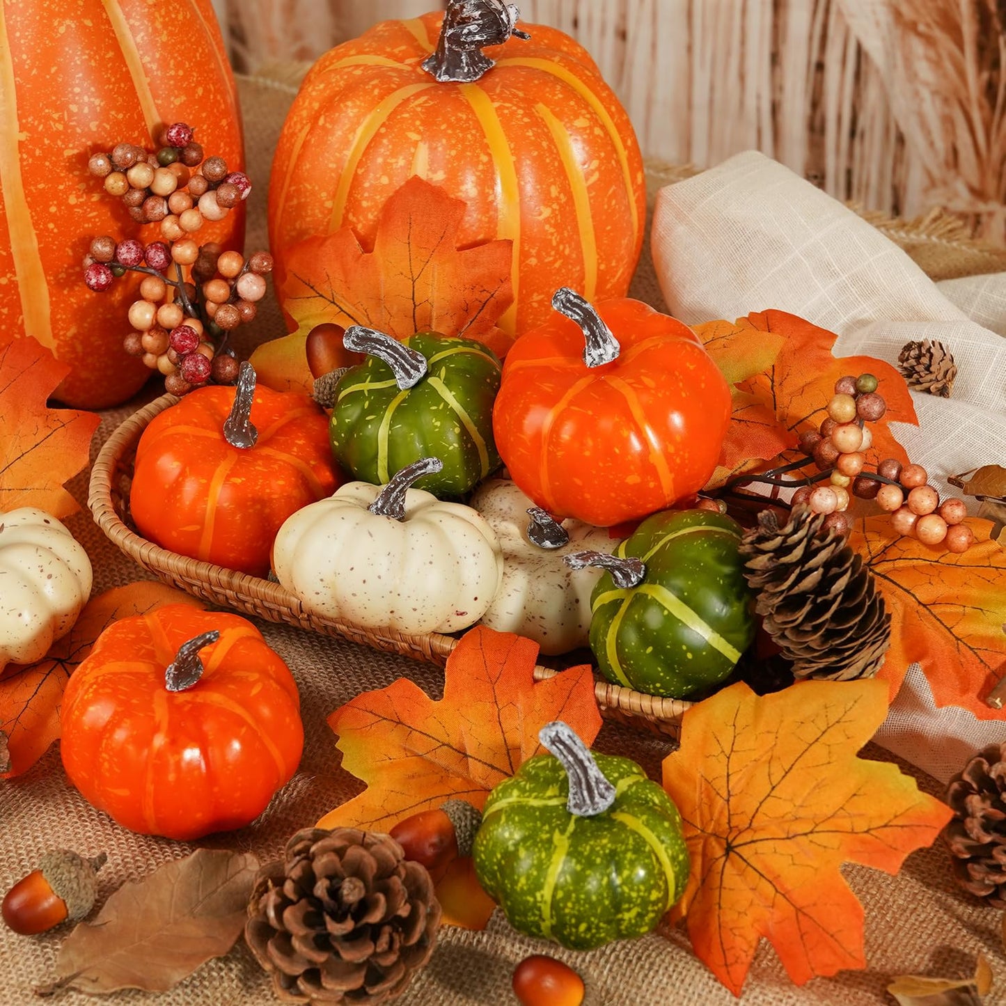 Artmag Pumpkin Decor Set, 25 PCS Fall Artificial Maple Leaves, Harvest Pumpkins, Acorns, Pine Cones and Orange Berry Stems Decorations for Fall Thanksgiving Table Decor