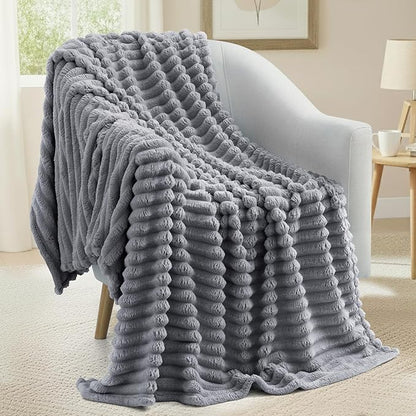 decorUhome Soft Fleece Grey Blanket Queen Size for Bed, Cozy Fluffy Plush Flannel Large Striped Throws for Couch Sofa, Lightweight Decorative Fuzzy Blanket for Woman, 90x90 Inches