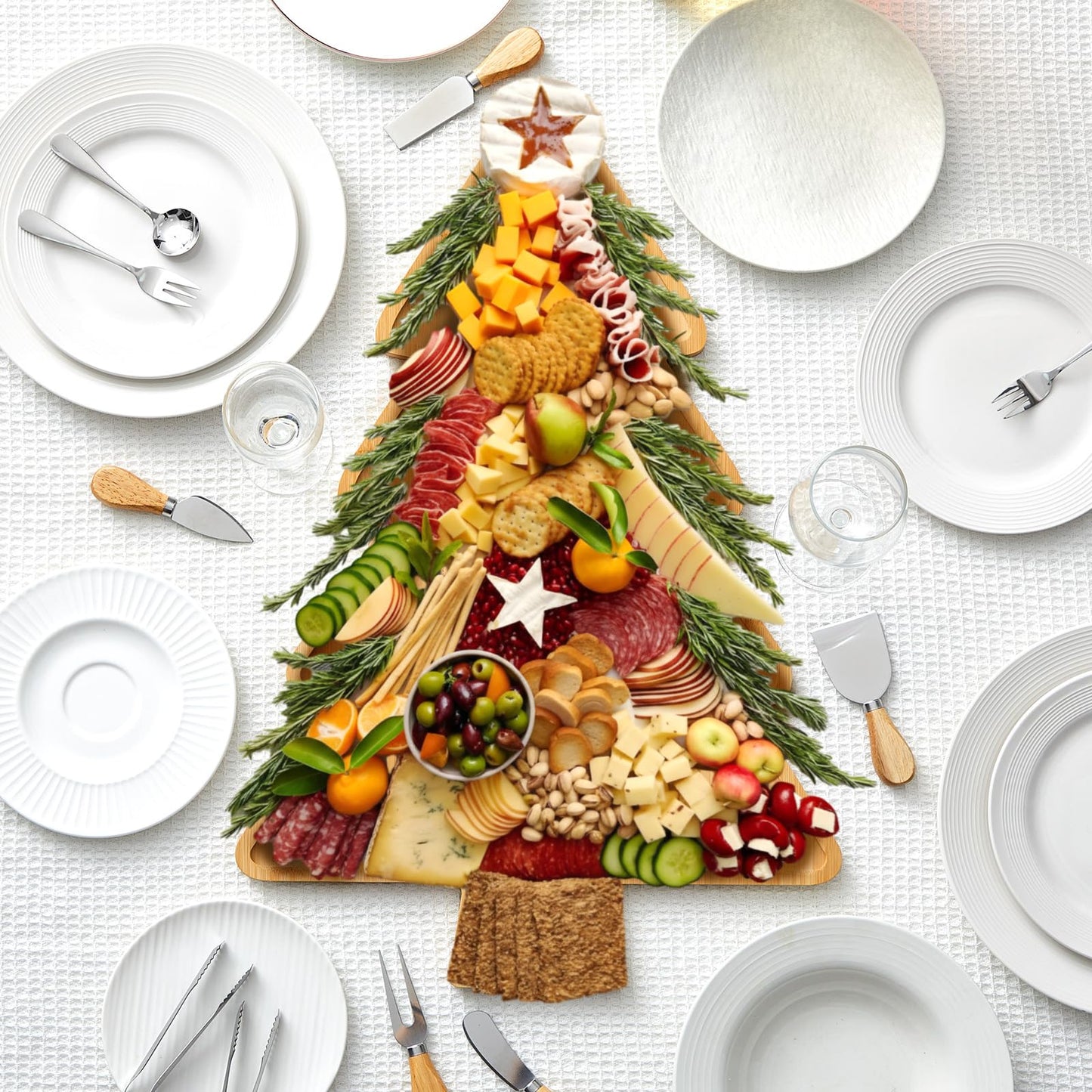 Liliful 76 Pcs Christmas Tree Charcuterie Board Accessories Set 24 x 16 Inch Large Wood Xmas Cutting Board with Cheese Knife Kitchen Gift Ideal Party Serving Platter Fruit Tray, Bamboo Color