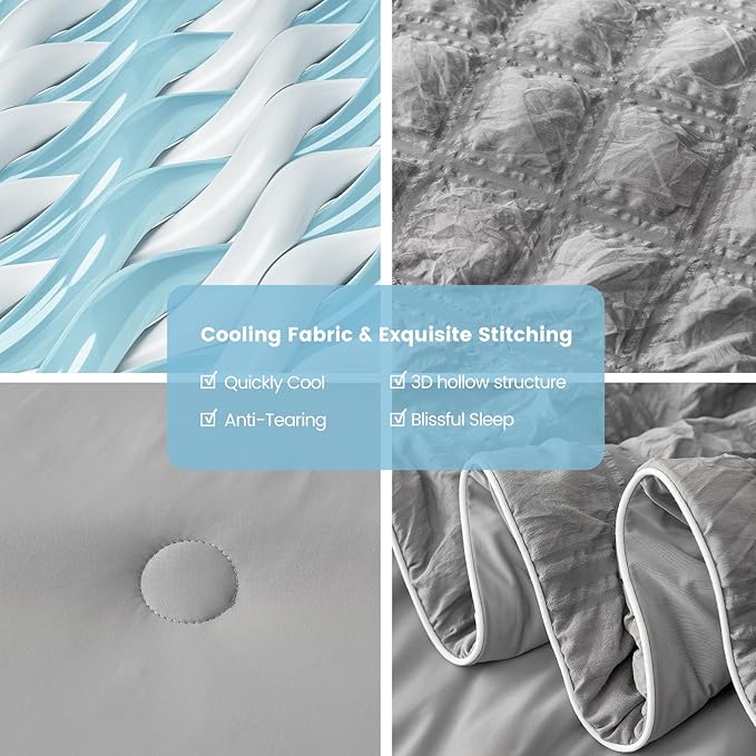 Cozy Bliss Cooling Comforter Twin Size Seersucker Plaid, Q-Max 0.4 Reversible Lightweight Cooling Blanket, Breathable Silk Smooth Summer Bedding Quilt for Hot Sleepers Night Sweats Dark Grey