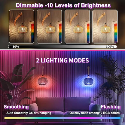 Frideko Boho Rechargeable Battery Operated Wall Sconces Set of Two with Remote, RGB 15 Colors Dimmable Wireless Wall Light, Bamboo Indoor Wall Lamp with 3 Timer, Rattan Wall Lighting for Bedroom
