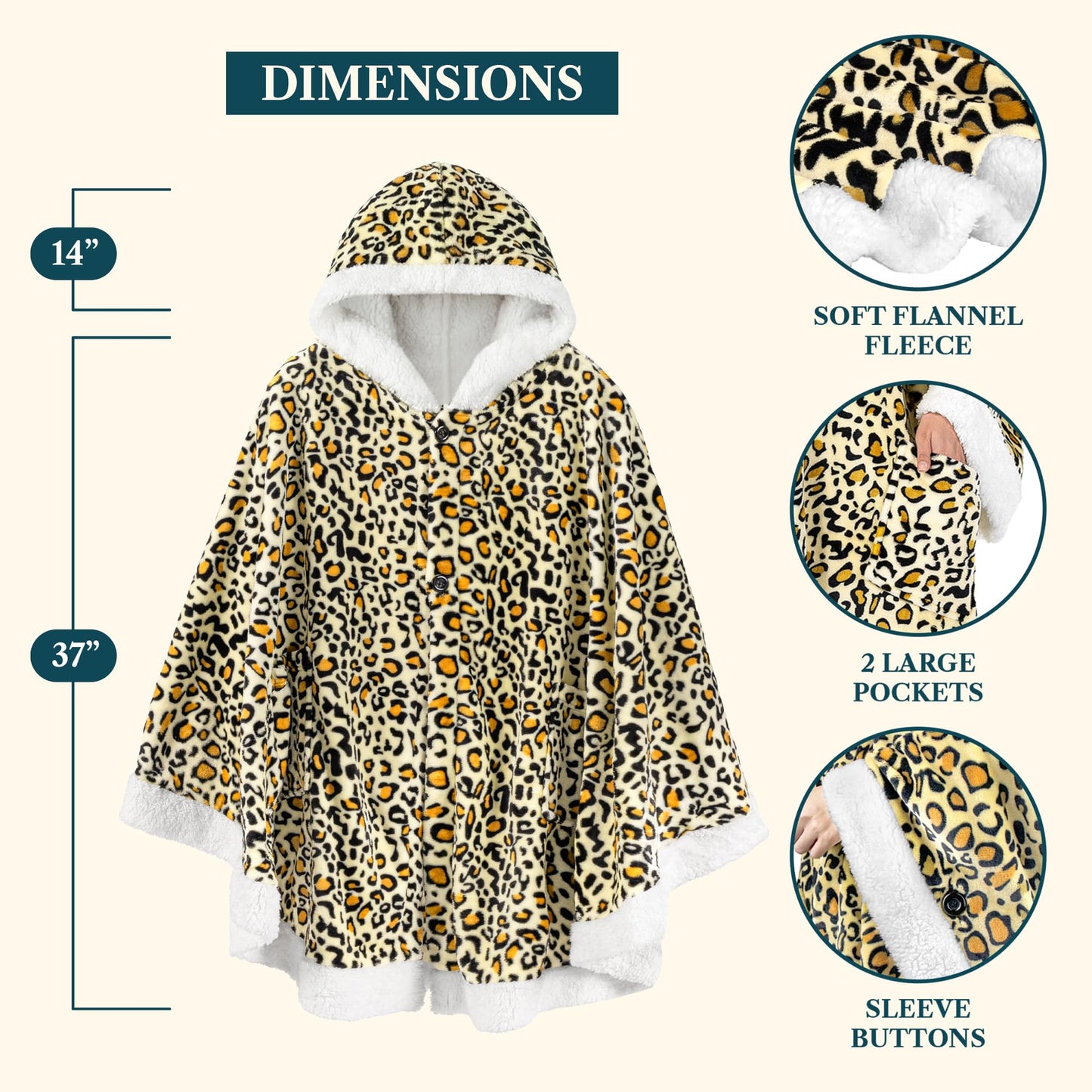 PAVILIA Hooded Blanket Poncho, Women Sherpa Fleece Shawl Wrap with Hood, Wearable Blanket Cozy Warm Poncho Cape Throw with Pockets, Gift for Elderly Mom, Cheetah Yellow