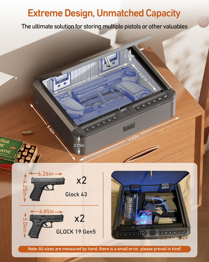 BILLCONCH Gun Safe for Handgun - Biometric Gun Safe 4 Ways Quick Access with Fingerprint/Full-digital Keypad/Key/APP Lock Handgun Pistol Safe for Nightstand Bedside Home