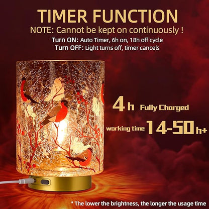 Rechargeable Battery Table Lamp Timer, Handmade Crackle Glass Lamps with Two-Level Dimmer, Emergency Cordless Lamp for Area No Plug, Decorative Mood Light for Entryway/Corner/Bedroom/Bathroom(Red)