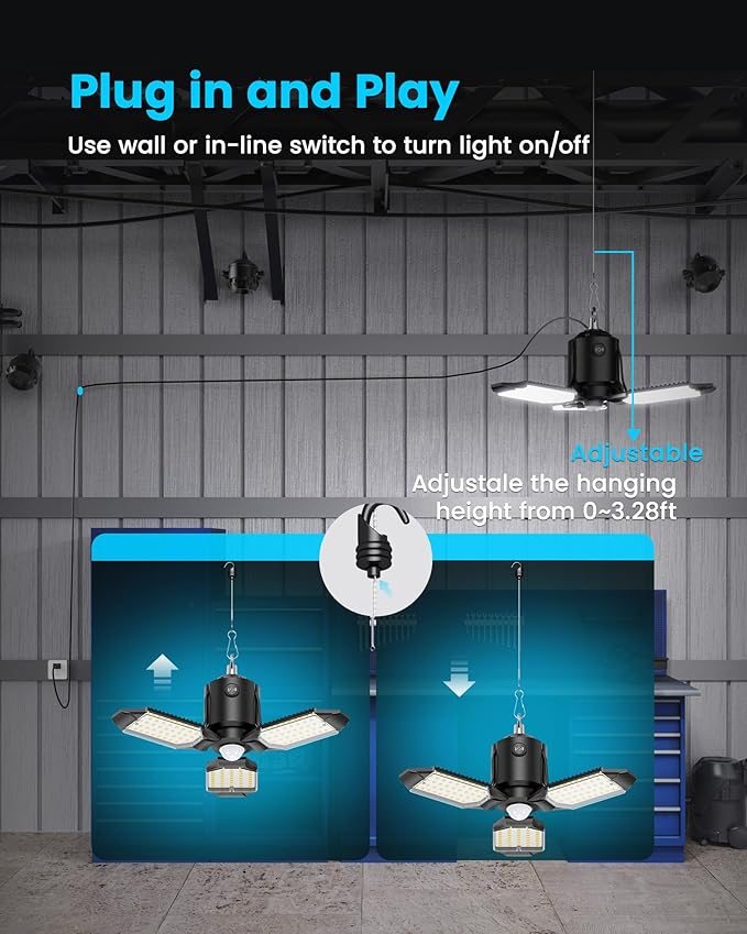 Garage Motion Sensor Lights Plug-in 2Pack, 8000LM Super Bright Motion Activated LED Shop Light, 360° Detection & Retractable Steel Wire, Indoor Motion Light Bulb for Attic/Barn