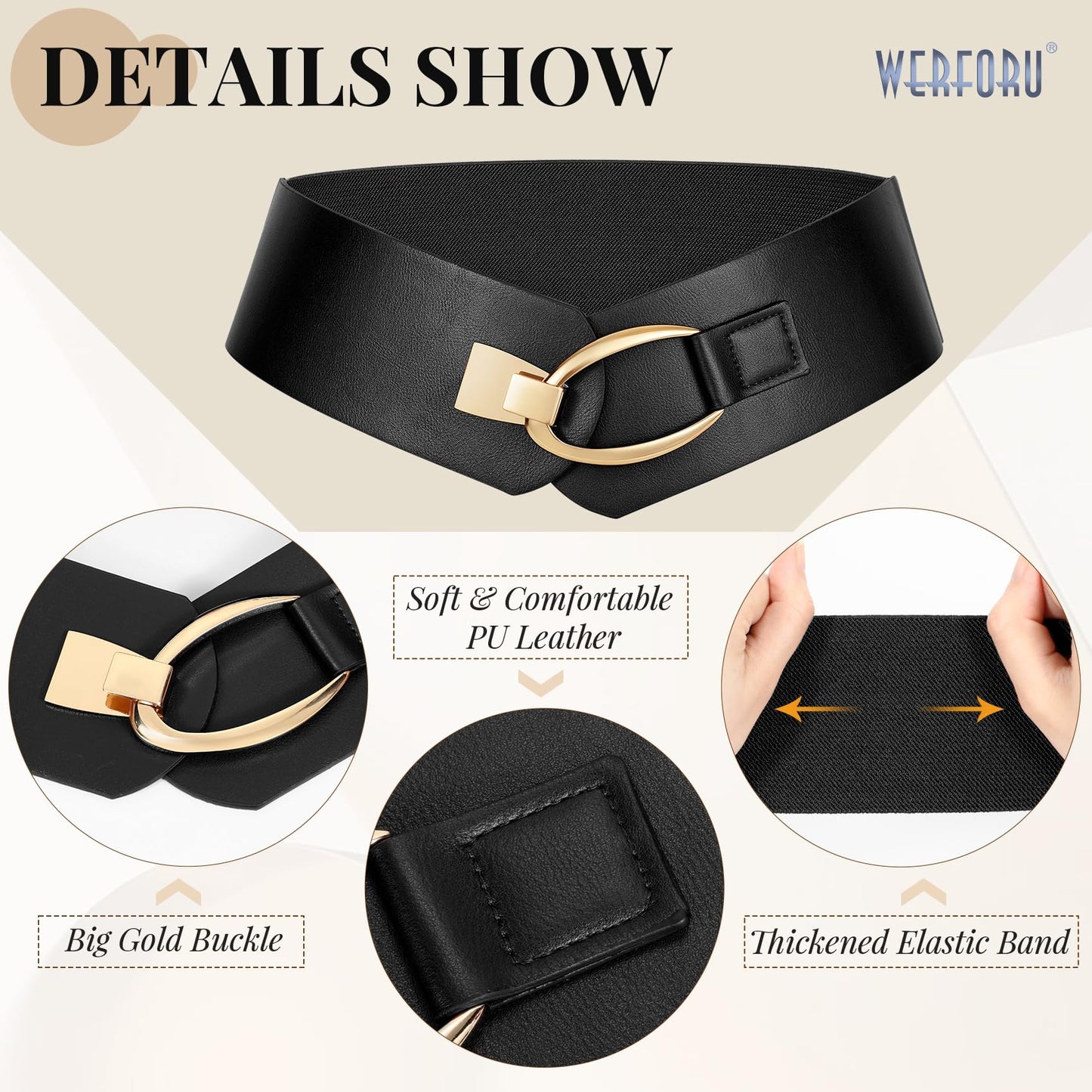 WERFORU Women Wide Elastic Belt Women Fashion Wide Belt with Gold Buckle Ladie Thick Waistbelt for Dresses