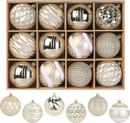 SHareconn 80mm Christmas Baubles,12PCS Colored Shatterproof Plastic Decorative Hanging Tree Decorations Baubles Set for Xmas Tree Decor Holiday Party Wedding Decoration with Lanyard,Gold & White