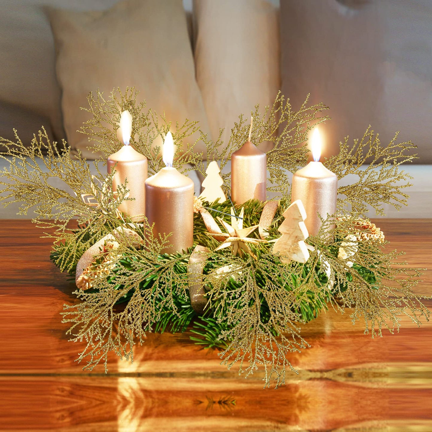 15 Pcs Gold Glitter Artificial Cedar Sprigs Picks Faux Cedar Branches Stems Christmas Tree Picks Sprays 15.4" H for Gold Christmas Tree Wreath Wedding Bouquet Winter Seasonal Holiday Decoration