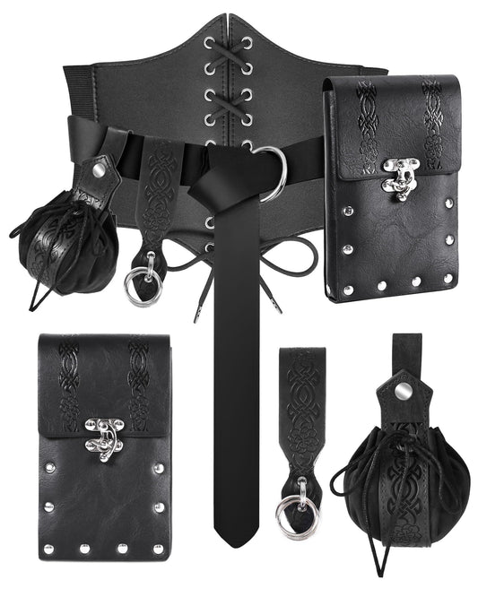PARTTELY 5Pcs Corset Belt Renaissance Costume Women Pirate Accessories Lace-up Renaissance Corset with Belt Bag Pirate Costume Women for Cosplay