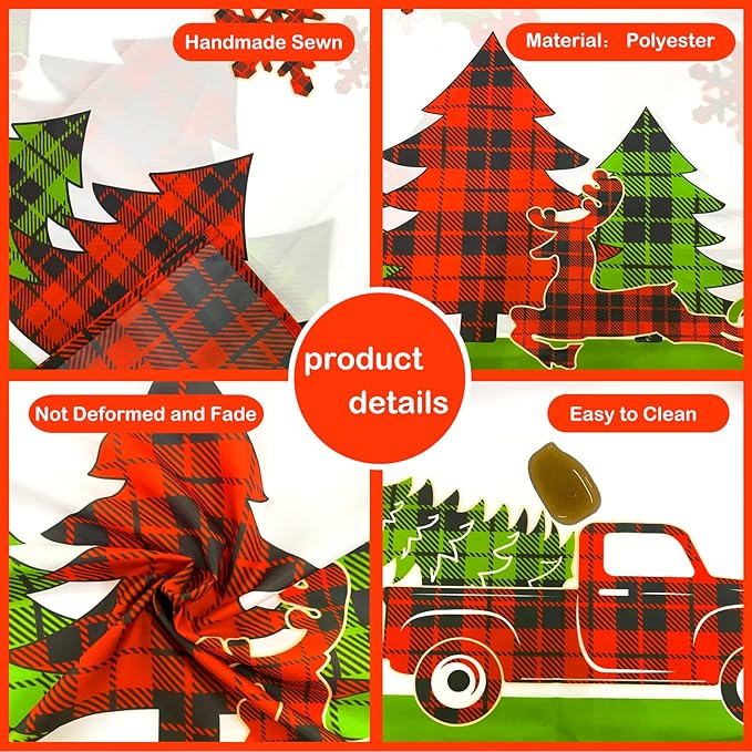 pinkblume 4.3x9Ft Christmas Tablecloth Rectangle Buffalo Plaid Xmas Tree Red Truck Joy Merry Christmas Sign Reindeer Snowflake Holly Berry Dining Table Cover for Holiday New Year Kitchen Decorations