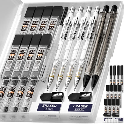 Nicpro 6PCS Art Mechanical Pencil Set, 4PCS Drafting Pencils 0.3 & 0.5 & 0.7 & 0.9 mm & 2PCS 2mm Lead Holder (4B 2B HB 2H) For Writing, Sketching Drawing With 12 Tube Lead Refills Erasers Case