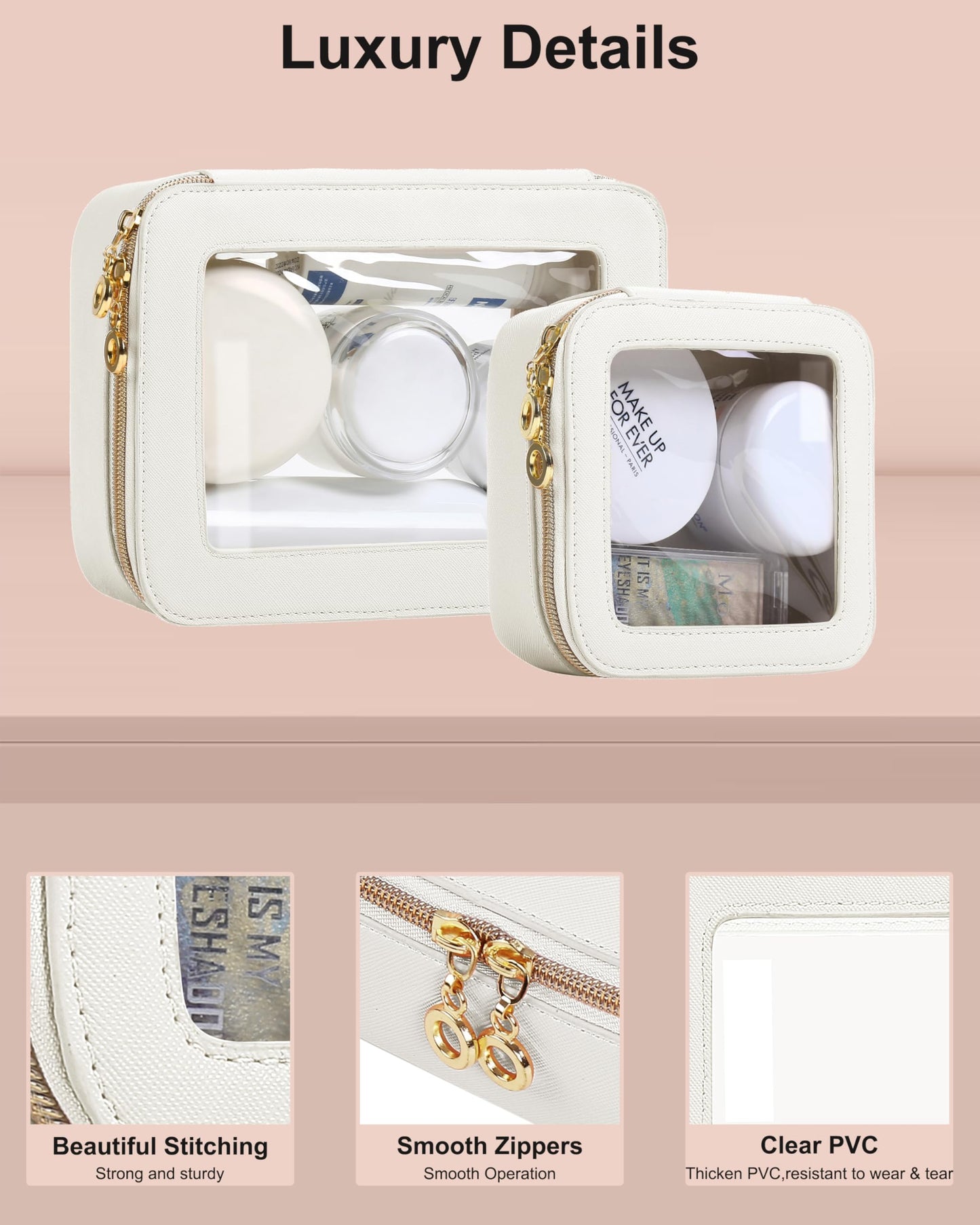 JRQCSJY Leather Clear Makeup Bags Set - Travel Clear Cosmetic Bag Case with Zipper, Transparent TSA Approved Toiletry Bags for Travel Essentials Car Accessories for Women (White, S+M)