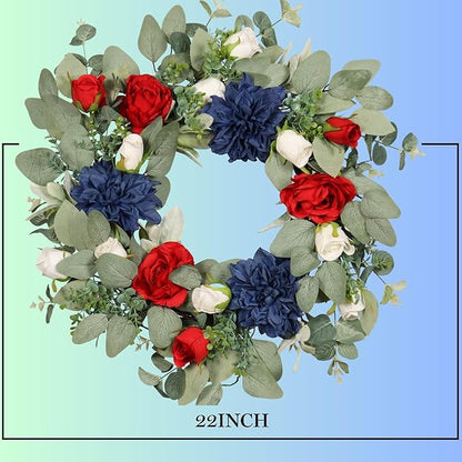 22IN Spring Summer Wreath Patriotic Wreath with Dahlia, Peony, Eucalyptus Leaves. Ivy for Front Door Wall Decor Indoor Outdoor