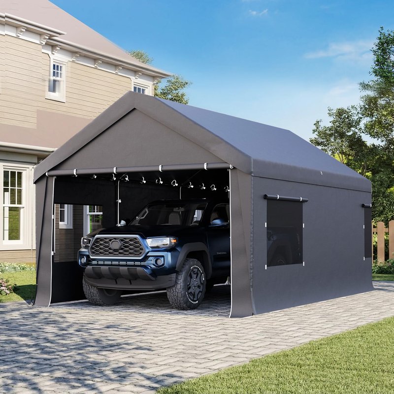 Bezseller 12x20 FT Heavy Duty Carport Canopy with Removable Sidewalls, Portable Garage Tent with Roll-Up Windows & Doors, Car Port with All-Season Tarp for Cars, Boats, Trucks, Motorcycles, Gray