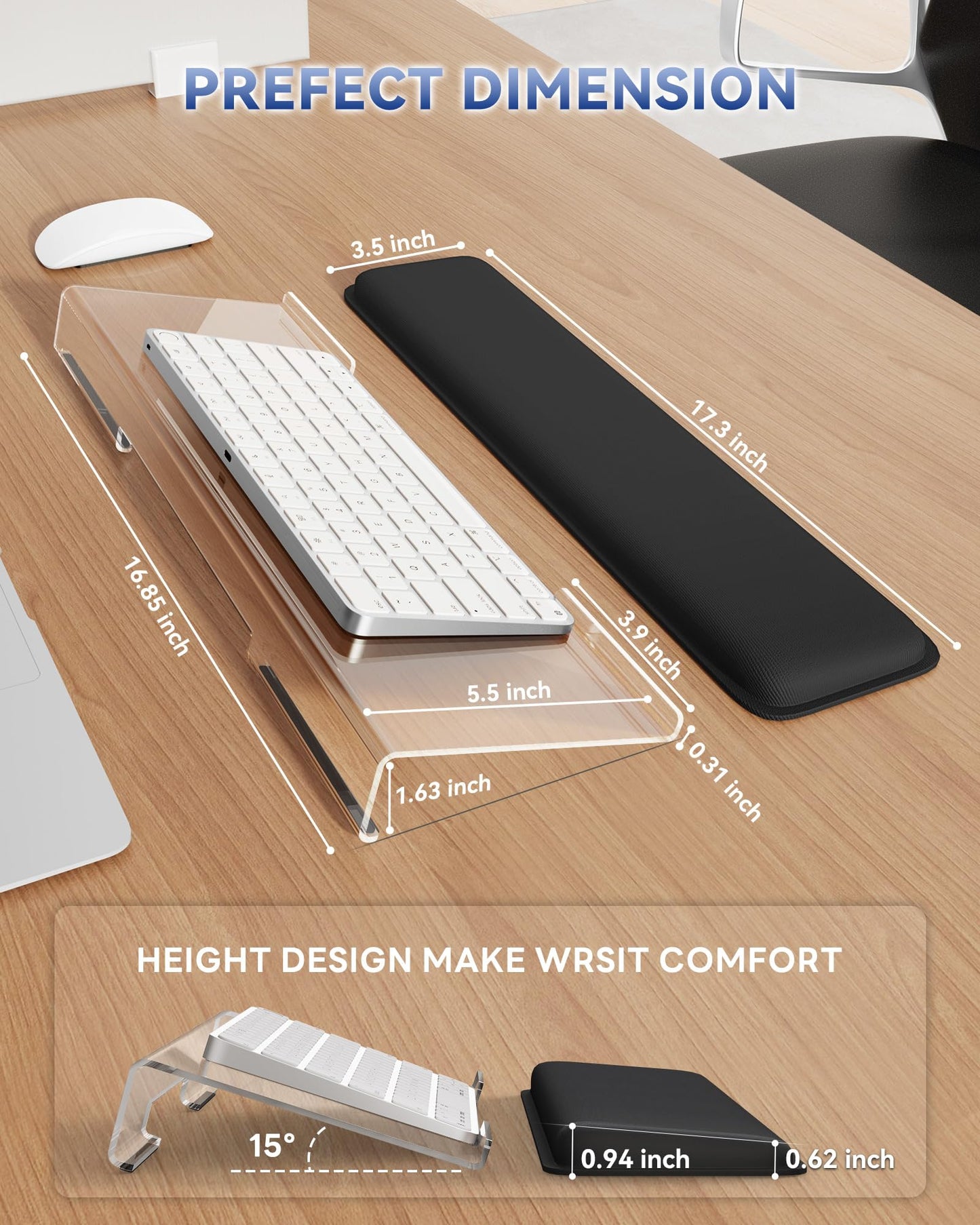 Laborio Computer Keyboard Wrist Rest Stand for Desktop, Keyboard Holder for Easy Typing with Wrist Pad for Office Desk, Home, School (Clear)