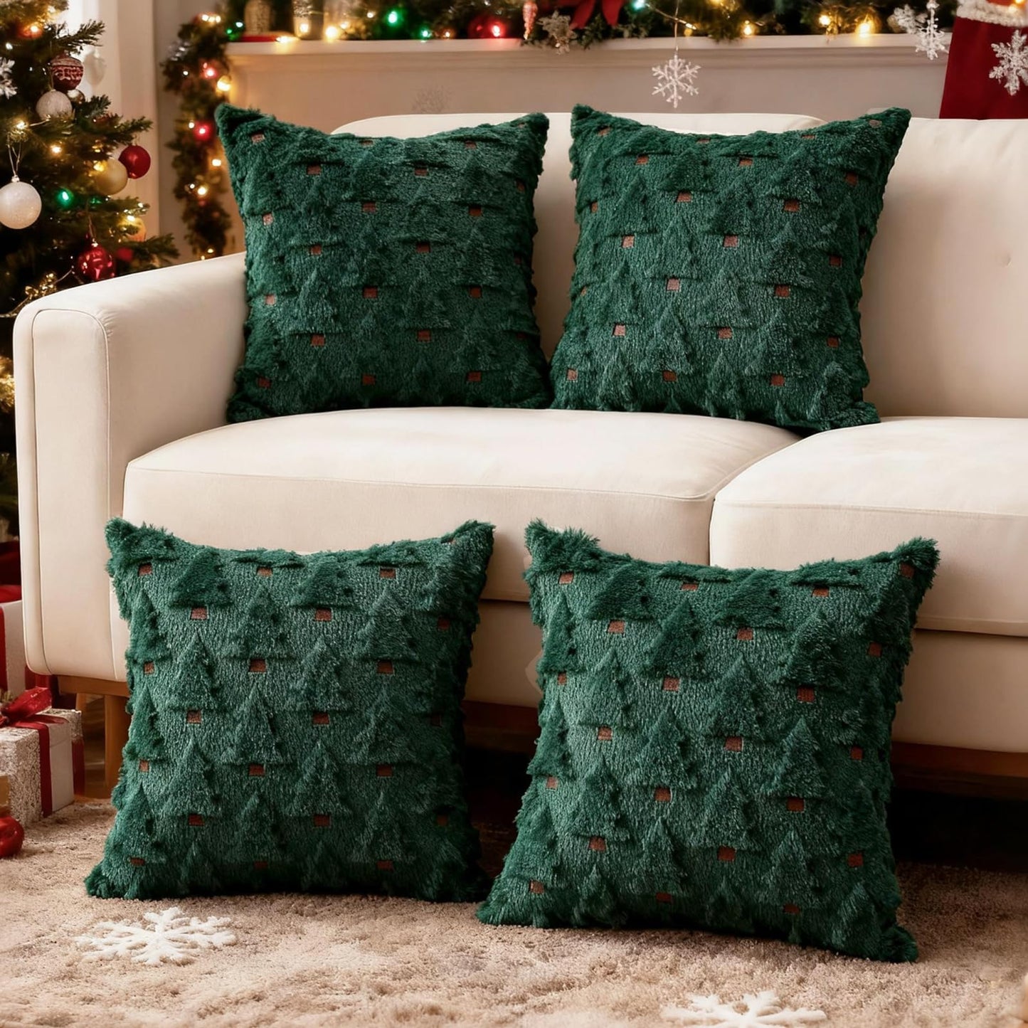 HDVUHKI Christmas Throw Pillow Covers 18x18 inch Set of 4, Green Xmas Tree Holiday Winter Living Room Soft Fluffy Plush Faux Fur Wool Decorations for Sofa Couch Bed