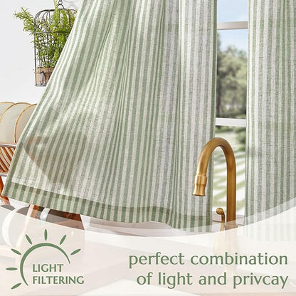 jinchan Striped Linen Kitchen Curtains 45 Inches Length Tier Curtains Farmhouse Modern Cafe Style Small Window Treatments Airy Light Filtering Rod Pocket for Living Room Bathroom 2 Panels Sage Green