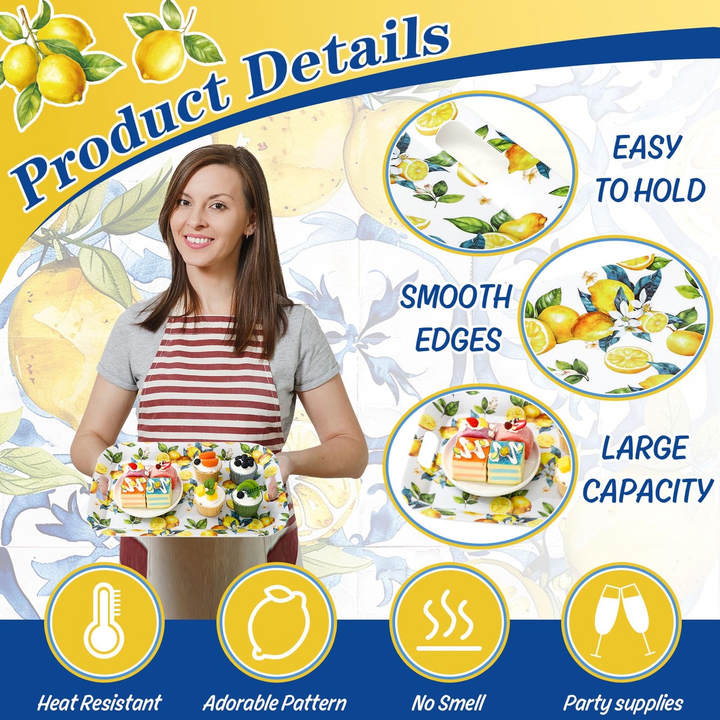 JarThenaAMCS 3Pcs Capri Lemon Serving Trays Summer Blue Tile Yellow Lemon Platter with Handles Reusable Serving Dishes for Birthday Party Sharing Snacks Fruit Dessert