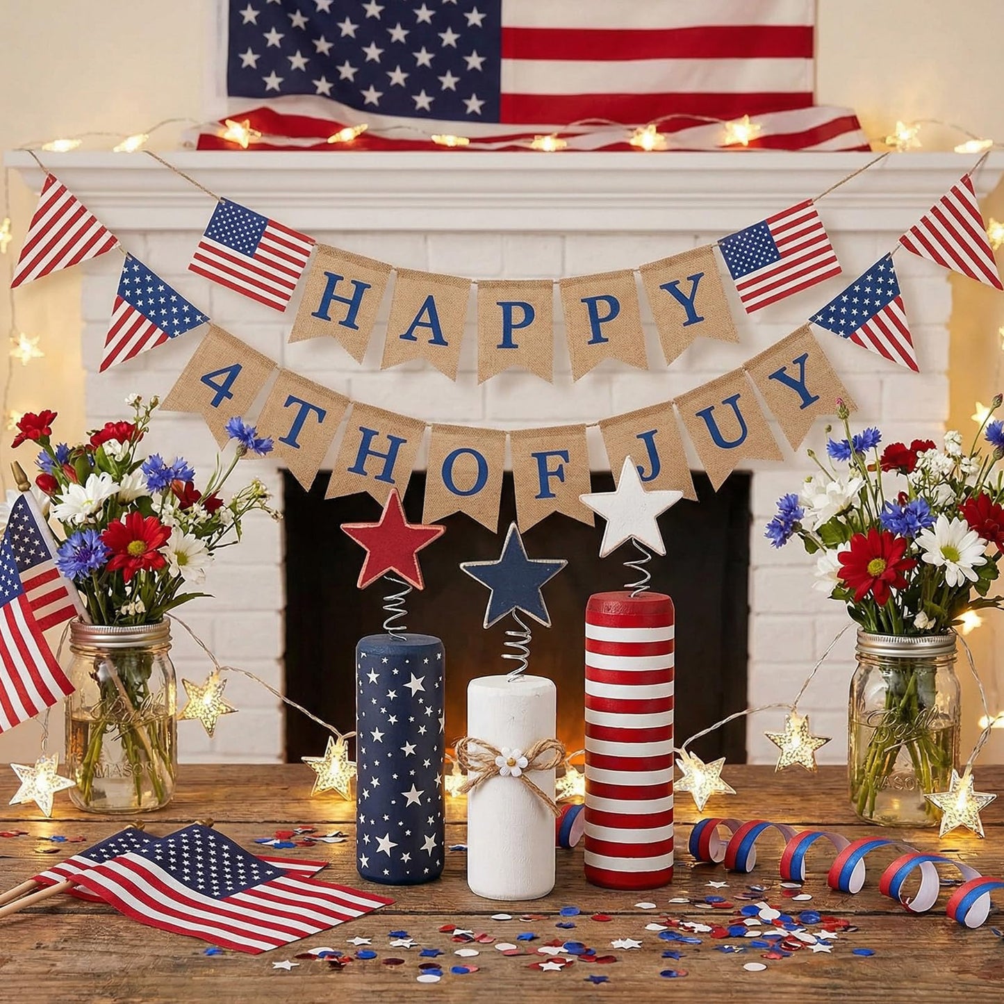Qunclay 3 Pcs 4th of July Table Decor Firework Tiered Tray Decor Patriotic Memorial Day Table Centerpieces Red White Blue Wood Stars 250th Anniversary Rustic Farmhouse Decoration for Independence Day