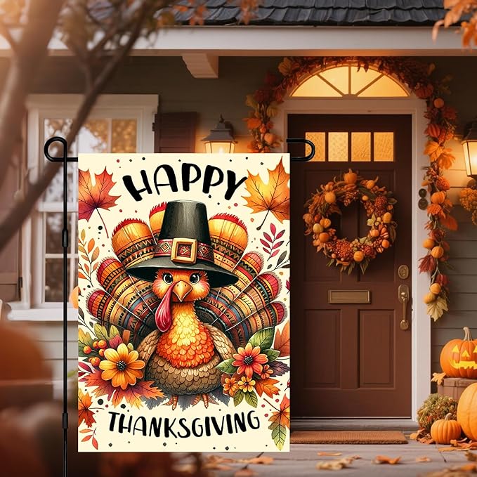 Thanksgiving Garden Flag 12x18 Inch Double Sided Turkey Flags Happy Fall Pumpkin Leaves Acorn Small Yard Flag Autumn Harvest Decoration for Outdoor Porch Lawn Holiday Seasonal Display