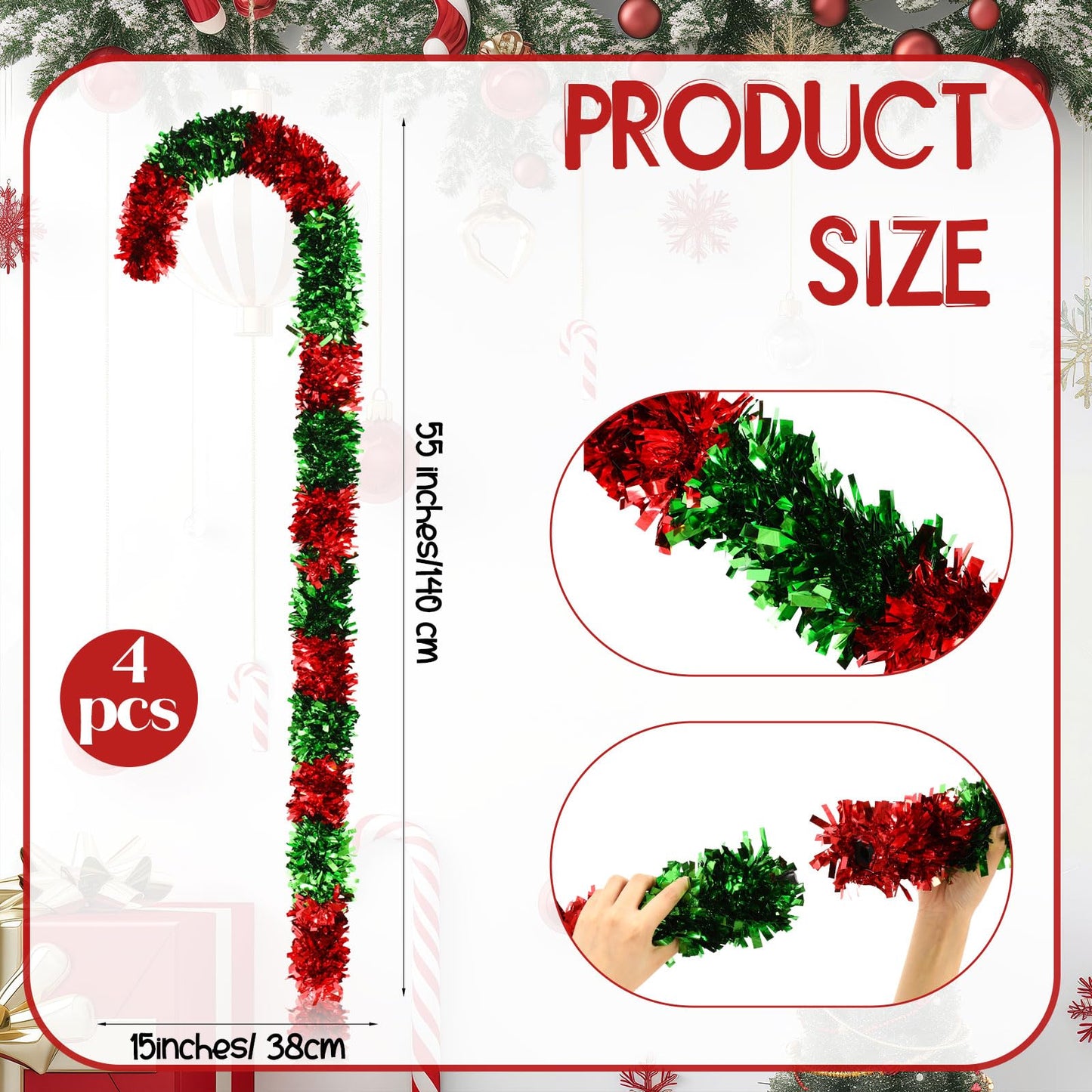 Vinsot 4 Pack Christmas Giant Candy Cane Decorations 15 x 55 Inch Red Green Tinsel Giant Candy Cane Decoration Sticks Christmas Hanging Ornaments for Xmas DIY Indoor Outdoor Party Supplies