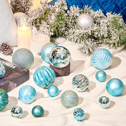 JORNOY Christmas Tree Ornaments Set, 47 Pack Assorted Shatterproof Hanging Balls Decorations, Plastic Bulbs Bulk with Lanyard for Home Holiday Party Decor, 3-Sizes (Sky Blue)