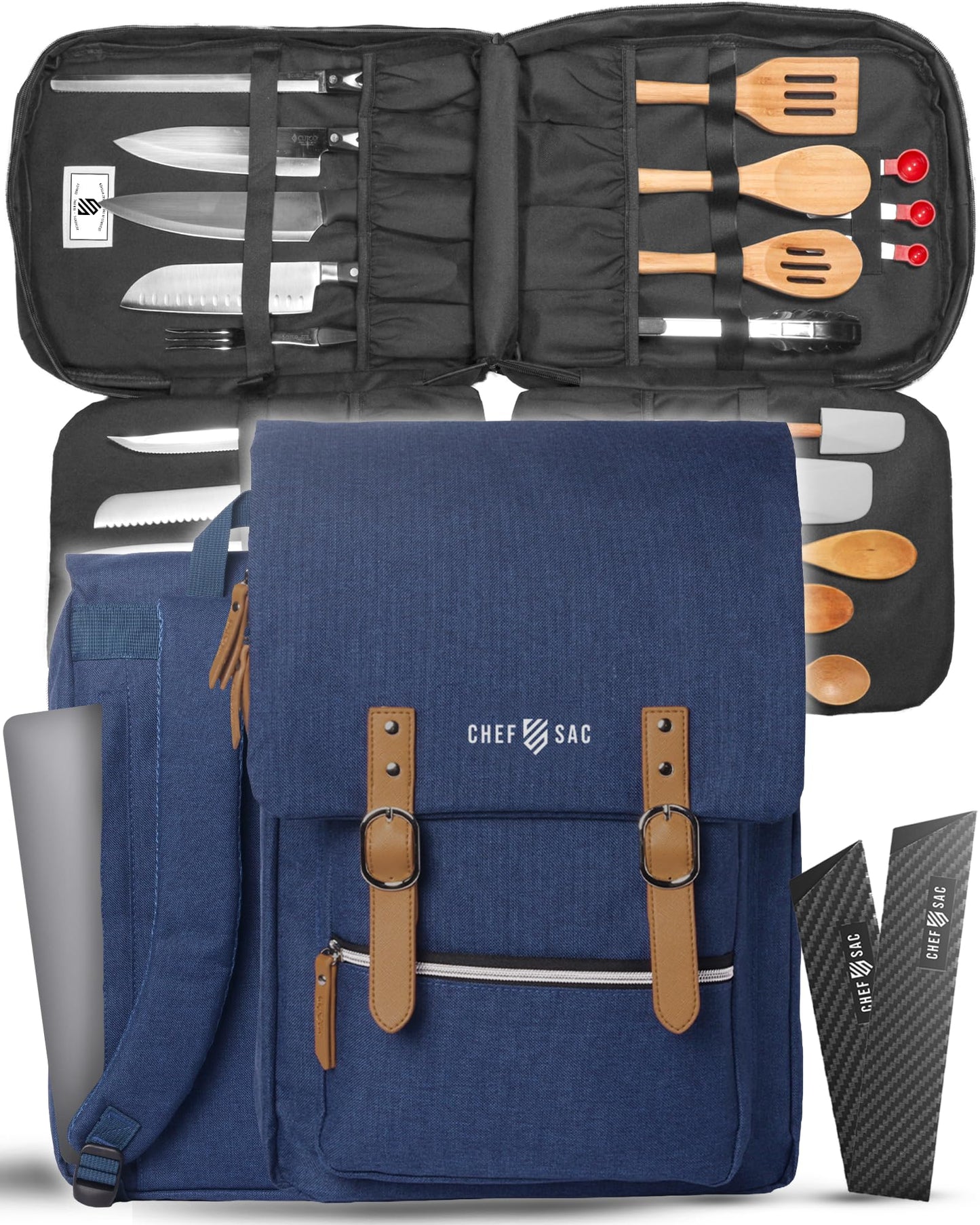 Chef Knife Bag Vintage Backpack VINTAGE, Professional Knife Carrying Case for Chefs & Culinary Students, 30+ Pockets, Holds 10" Knives, Water-Resistant 600D Material (Heather Blue)