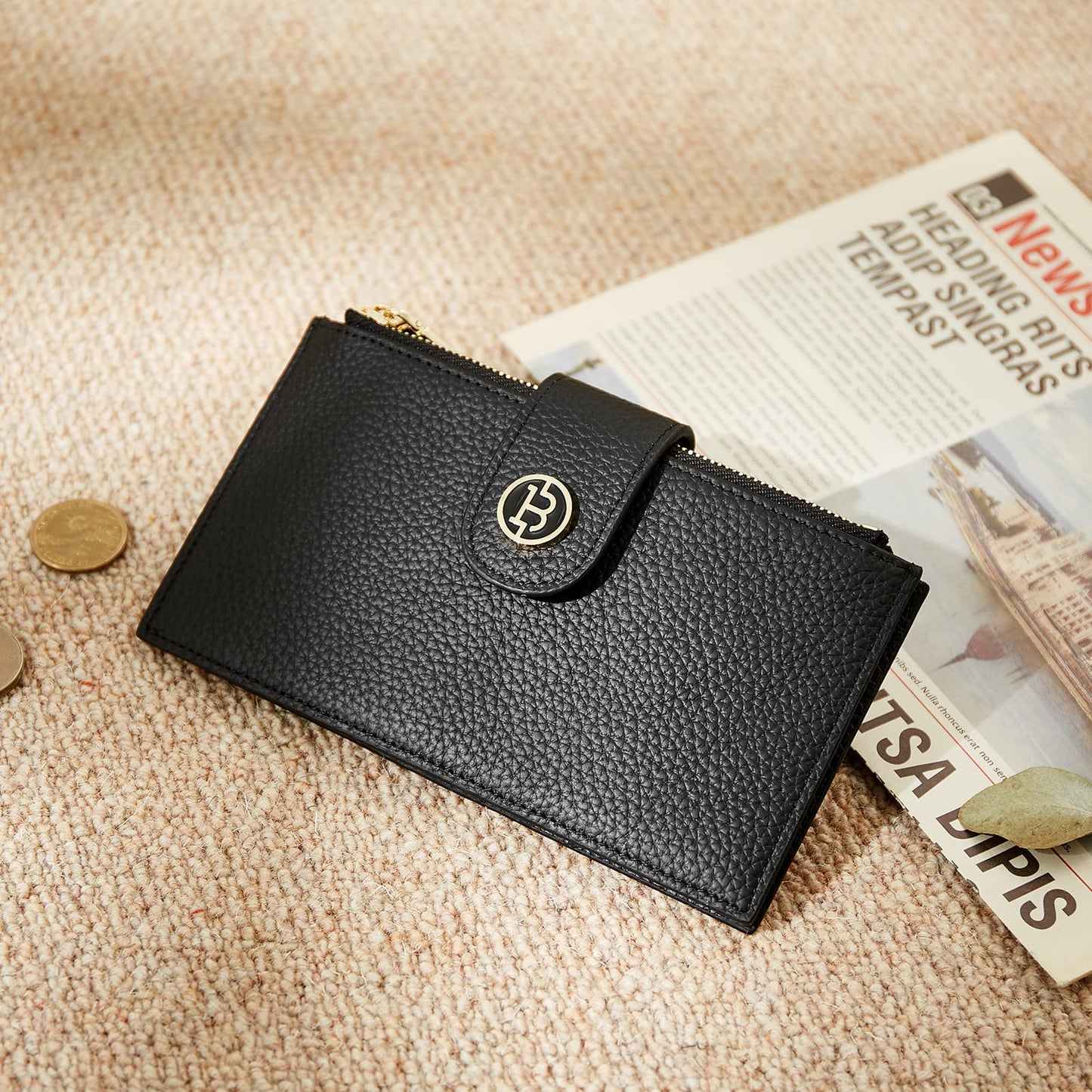 BOSTANTEN Leather Wallets for Women Large RFID Blocking Slim Bifold Purse Card Holder with Zipper Pocket Black