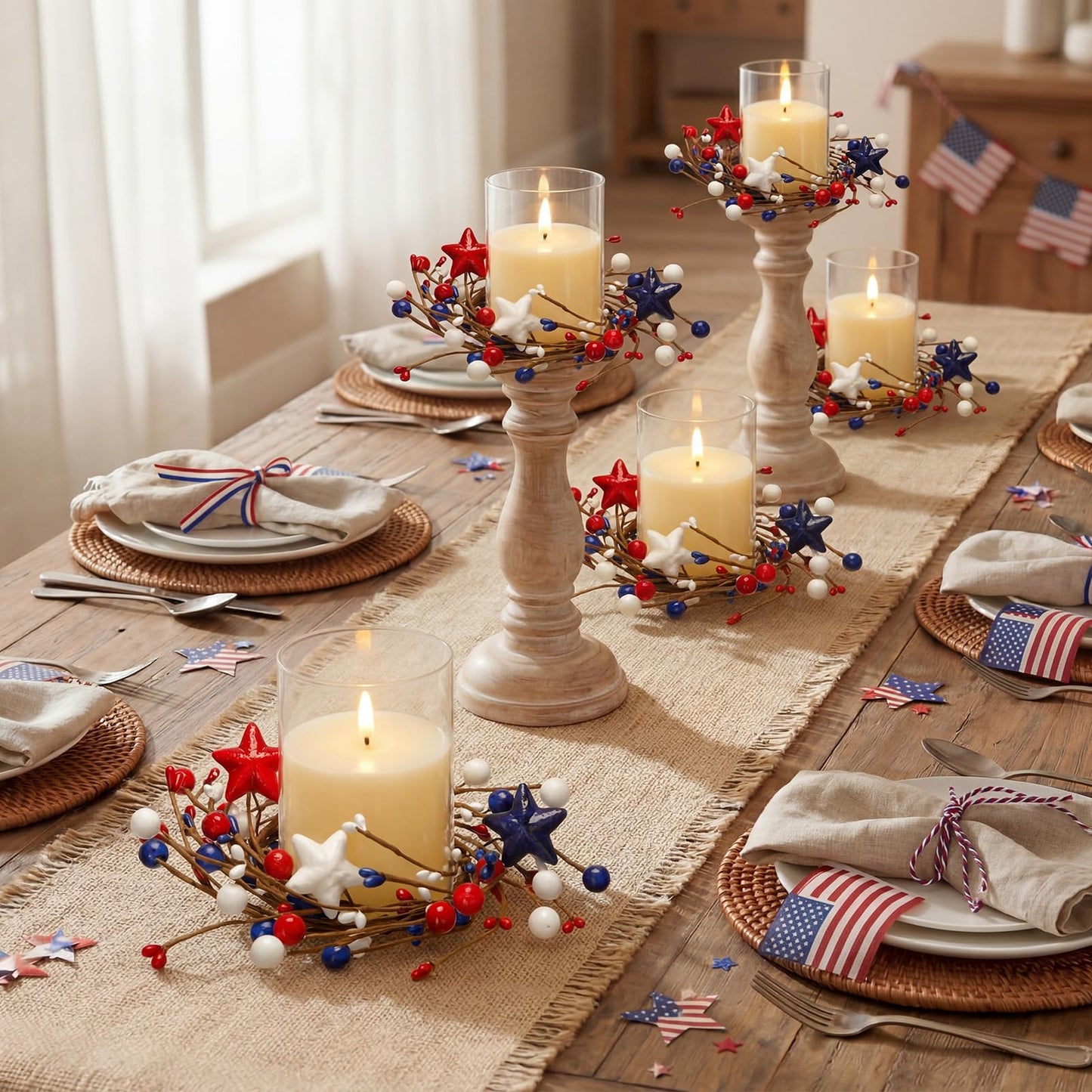 Yunlly 4 Pcs Independence Day Candle Wreaths Rings Five-Pointed Star and Berry Candle Holder Rings with LED Flameless Candles, 9.5" Wide for Wedding Windows 4th of July Table Centerpieces