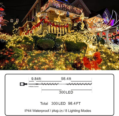 KNONEW Outdoor Christmas Lights 300 LED 99ft String Lights 8 Modes & Memory Fairy Light Plug in Waterproof LED String Lights for Xmas Yard Tree Wedding