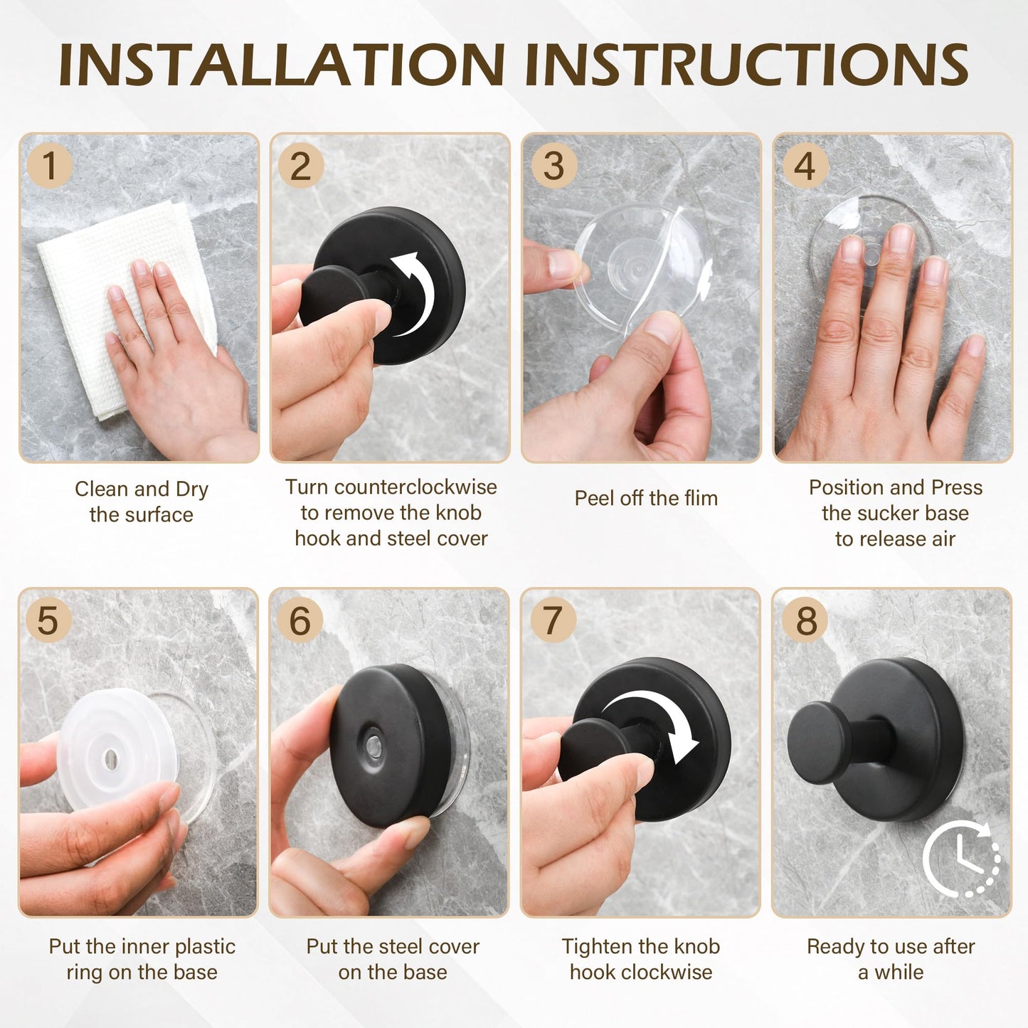 Ninth Five Suction Cup Hooks for Shower, Bathroom Wall Door Hooks for Towels, Robes, Loofahs Hanging, Removable Suction Towel Hook for Tile Glass Mirror, No Drill(4 Pack, Black)