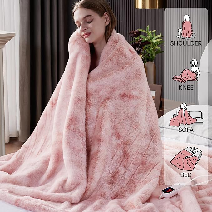 Guohaoi Heated Blanket Electric Throw, Soft Faux Rabbit Fur Electric Blanket with 10 Heating Levels 5 Sitting Timer Auto Off, Cozy Warm Heating Blankets, Machine Washable(50"×60" Pink)