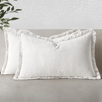 MIULEE Christmas Decorative Lumbar Throw Pillow Covers Neutral Linen Fringe Throw Pillows Set of 2 White Boho Farmhouse Cushion Covers with Tassels for Couch Sofa Bed Living Room Decor 12x20 Inch