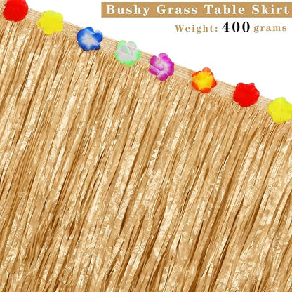 Aodaer Thickened Grass Table Skirt Natural with Hibiscus Flowers 400g Hawaiian Luau Tropical Party Decor Fringe Party Decoration for Costume Tiki Tropical Hawaii Moana Birthday, Straw Yellow