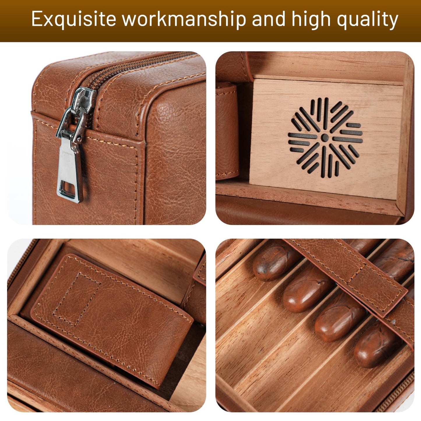 Holds 6 -Cigar Portable Brown Leather Cigar Case with Spanish Cedar Wood Interior and Card Storage Travel Cigar Humidor with Cutter ，Humidifier， Perfect for Business Trips Birthday Gifts Father's Day