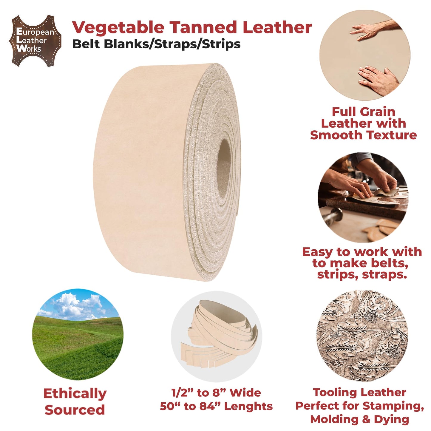 ELW Leather Strap, 13-15 Oz, 1.5 inch Wide x 50", Cowhide Veg Tan Leather Belt Blank, Leather Strips, Tooling Leather, Tan Straps for Crafts, Belt Making & Crafting Blank Hide